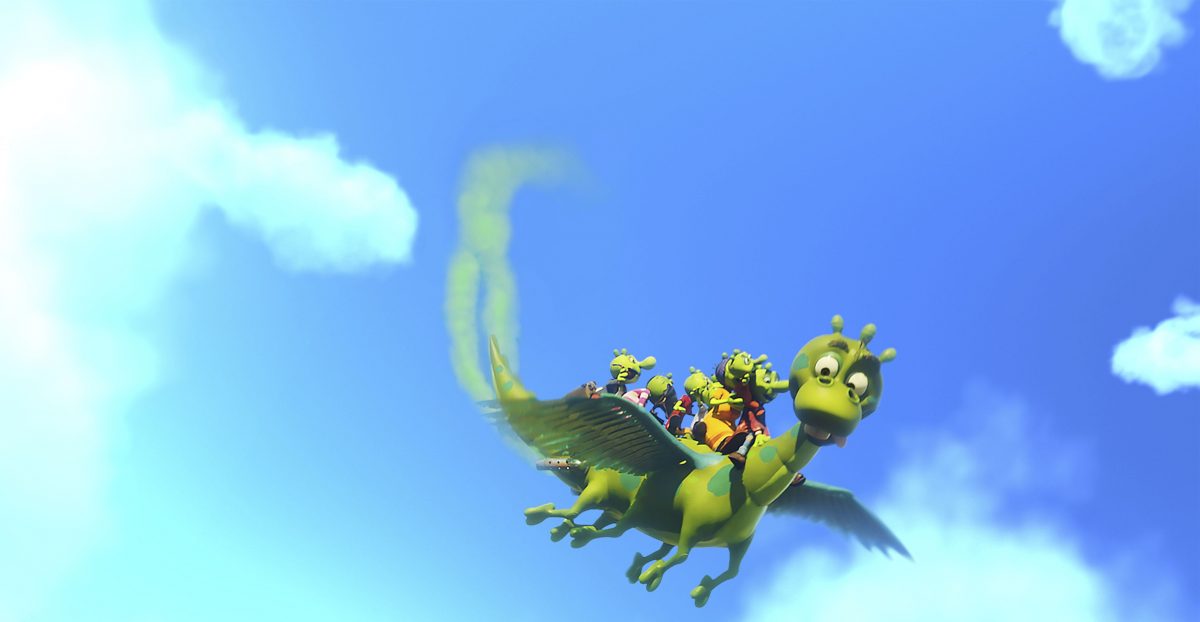 Die Olchis auf ihrem zahmen Hausdrachen Feuerstuhl