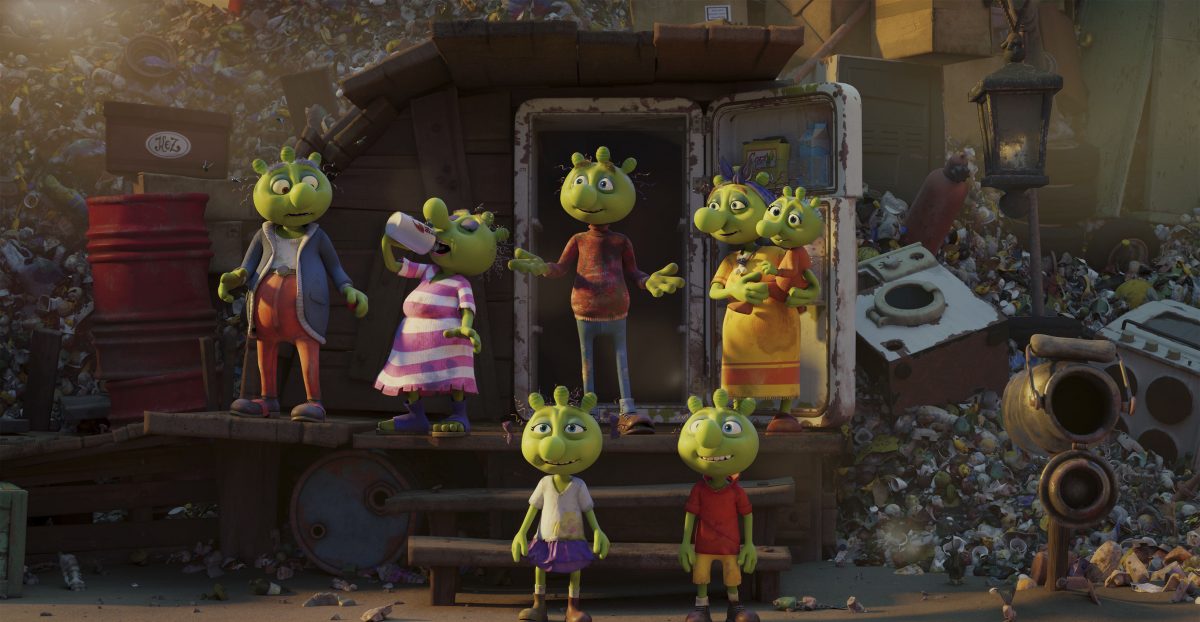 Olchi-Opa, Olchi-Oma, Olchi-Papa, Olchi-Mama, Olchi Baby und die Olchi-Kinder Motte und Messi vor der neuen Wohnung auf der Müllkippe.