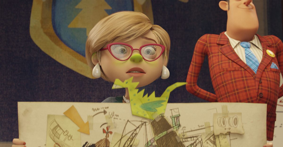 Max’ Mutter zeigt auf der Bürgerversammlung den vertauschten Bauplan