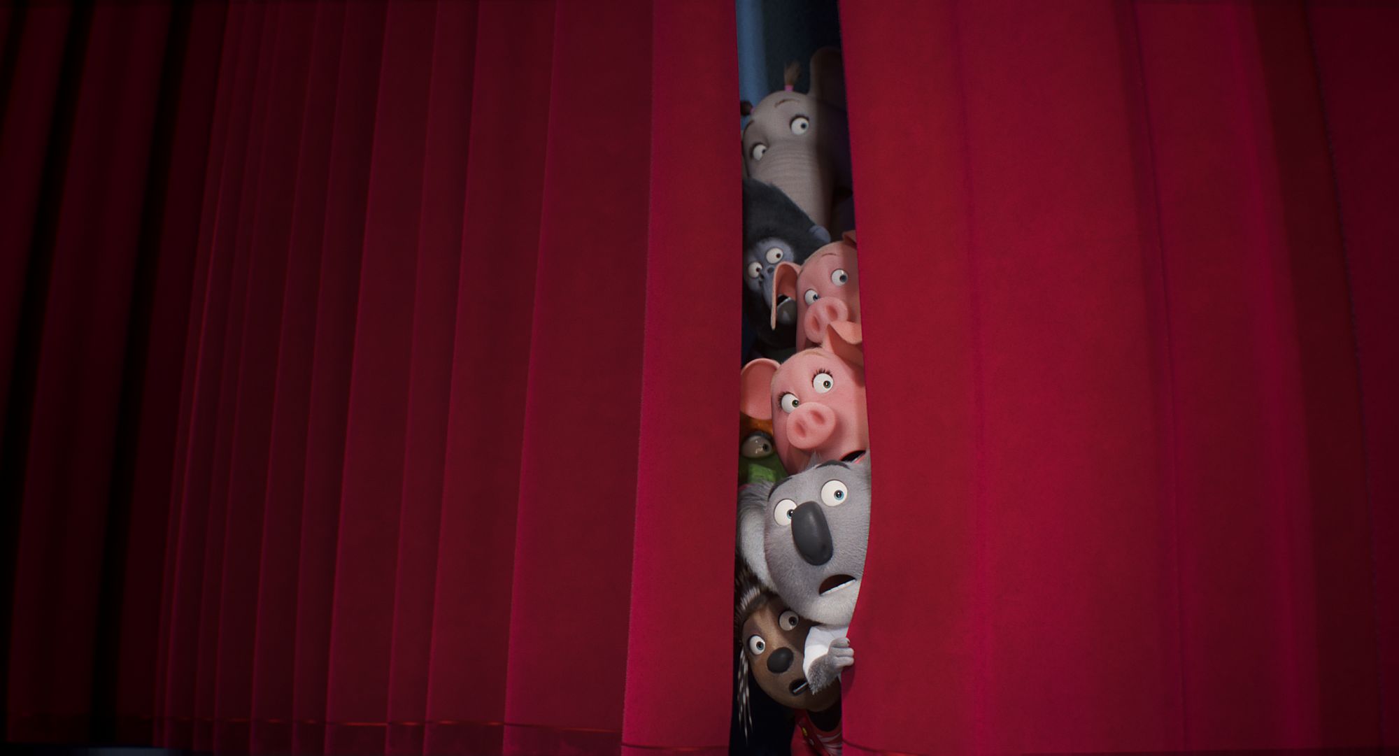 ( von oben nach unten) Elefant Meena (Tori Kelly), Gorilla Johnny (Taron Egerton), Schwein Gunter (Nick Kroll), Schwein Rosita (Reese Witherspoon), Eidechse Miss Crawly (Garth Jennings), Koala Buster Moon (Matthew McConaughey) und Stachelschwein Ash (Scarlett Johansson) in Illumination's Sing 2, geschrieben und inszeniert von Garth Jennings.
