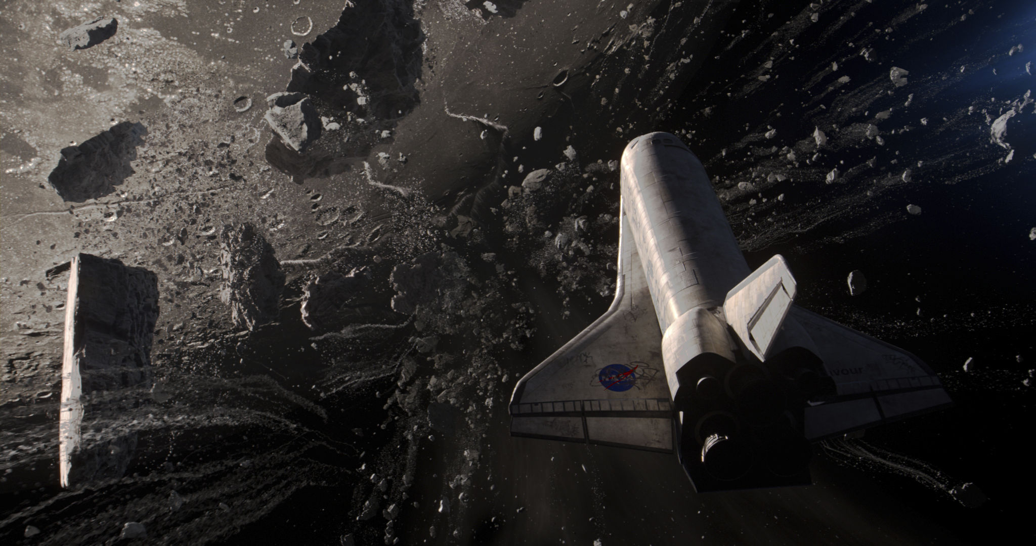 Ein Space Shuttle auf dem Weg zum Mond im Film "Moonfall" von Roland Emmerich.