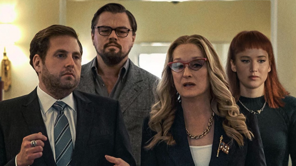 (L-R Jonah Hill, Leoonardo DiCaprio, Merryl Streep und Jennifer Lawrence in Don´t Look Up. © Netflix