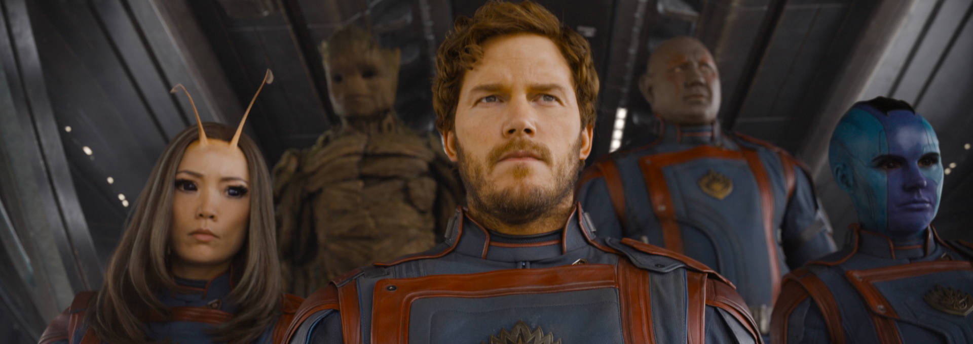 (L-R): Pom Klementieff als Mantis, Groot (Vin Diesel), Chris Pratt als Peter Quill/Star-Lord, Dave Bautista als Drax, Karen Gillan als Nebula in Marvel Studios' Guardians of the Galaxy Vol. 3