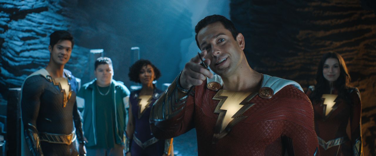 (L-R) ROSS BUTLER als Super Hero Eugene, JOVAN ARMAND als Pedro Pena, MEAGAN GOOD als Super Hero Darla, ZACHARY LEVI als Shazam and GRACE CAROLINE CURREY als Super Hero Mary in “SHAZAM! FURY OF THE GODS"