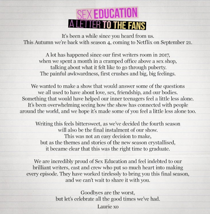 Brief an die Fans der Serie SEX EDUCATION