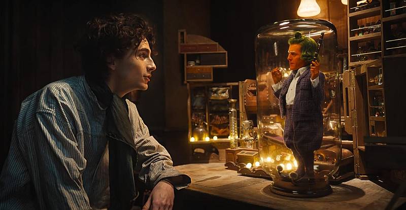 (L-R) TIMOTHÉE CHALAMET als Willy Wonka und Hugh Grant als Umpa Lumpa