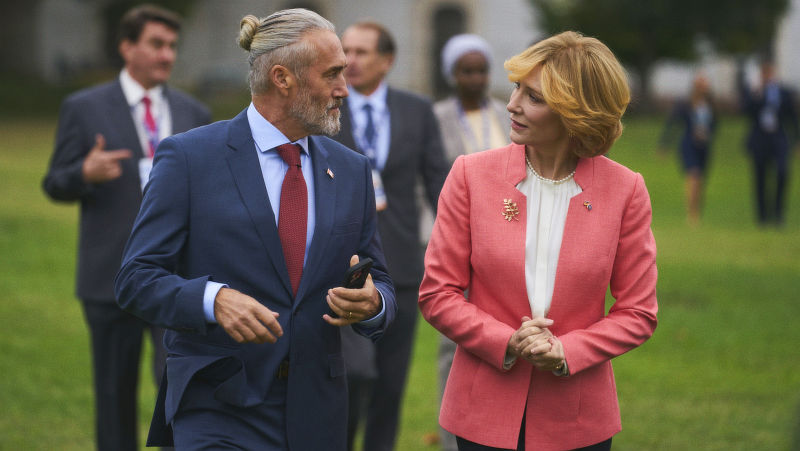 Rumours - Geselliges Gipfeltreffen: Bundeskanzlerin Hilda Ortmann (Cate Blanchett) im Gespräch mit Maxime
Laplace (Roy Dupuis), dem Premierminister von Kanada