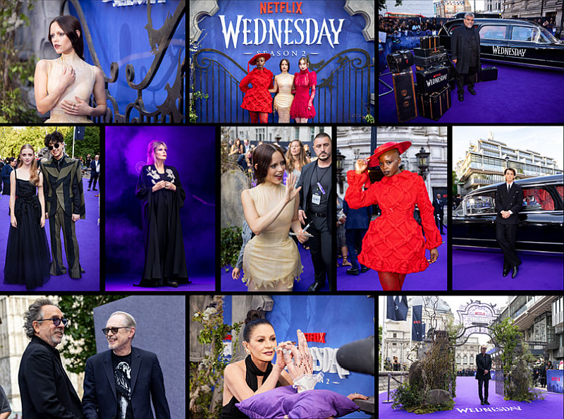 WEDNESDAY STAFFEL 2 WELTPREMIERE LONDON v.l.n.r.: Al Gough, Miles Millar, Joy Sunday, Isaac Ordonez, Luis Guzmán, Catherine Zeta-Jones, Jenna Ortega, Joanna Lumley, Fred Armisen, Emma Myers, Georgie Farmer, Billie Piper, Steve Buscemi, Tim Burton